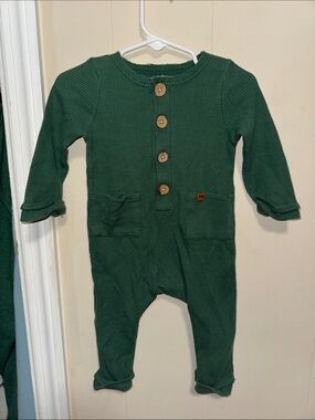 Mud Pie Forest Green Waffle Knit One-Piece with Wooden Buttons